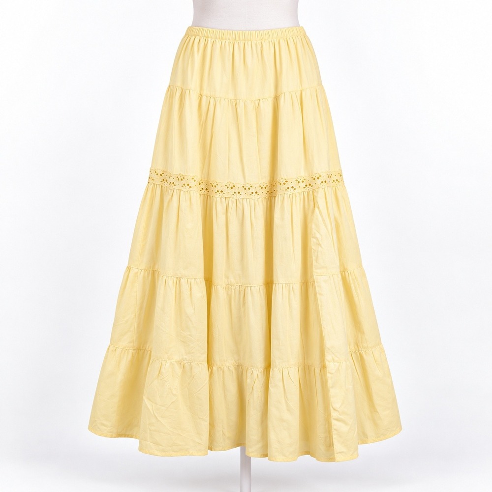 Tiered Eyelet Lace Cotton Maxi Skirt Size S Yellow Cottagecore Boho Indie Fairy